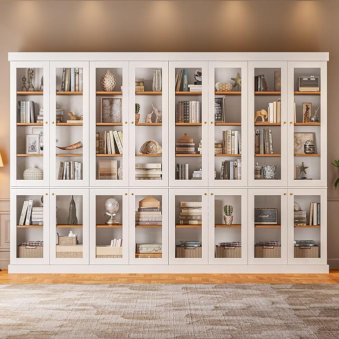 70.8" Bookshelf with Glass Doors, Farmhouse Modular Bookcase with 6-Tier Adjustable Shelves, Large Storage Cabinet for Living Room & Home Office, Set of 4, White