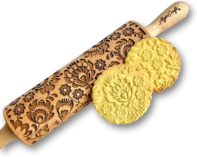 Rolling pin FOLK. Wooden embossing rolling pin with Oriental flowers. Embossed cookies. Pottery. Birthday gift. Gift for mother