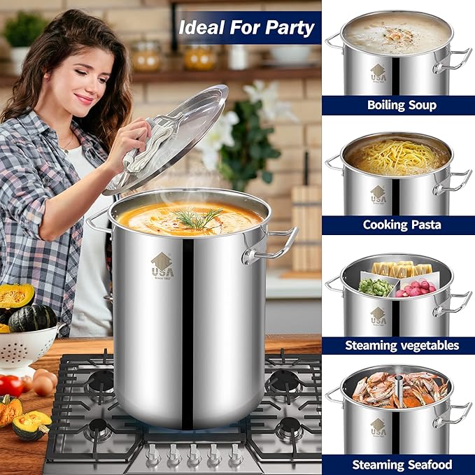 ARC 32QT Stainless Steel Stock pot 6-Piece For Seafood Boil Pot with Basket and Steamer Rack,Cookware for Crawfish Crab Shrimp Lobster Boiling Pot, Turkey Fryer Pot, Tamale Steamer Pot with Strainer