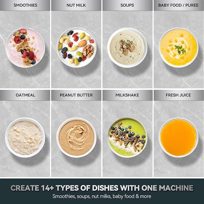 Premium Stainless Steel Glass Blenders for Kitchen – 1500W Motor, 9 Adjustable Speeds, 14 Pre-Programmed Functions, BPA-Free Glass Jar, Nut Milk, Smoothies, Soups, Baby Food, One-Touch Auto Clean