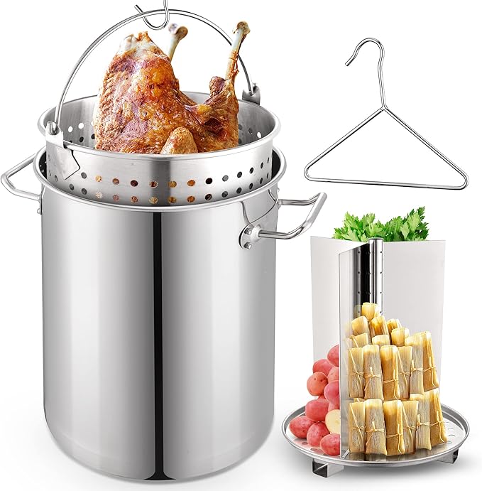 ARC 32QT Stainless Steel Stock pot 6-Piece For Seafood Boil Pot with Basket and Steamer Rack,Cookware for Crawfish Crab Shrimp Lobster Boiling Pot, Turkey Fryer Pot, Tamale Steamer Pot with Strainer