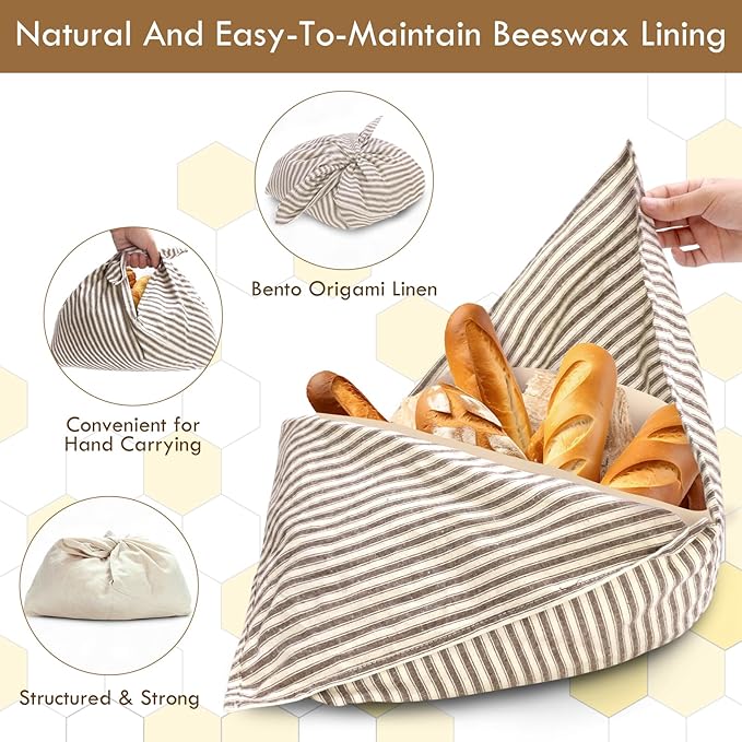2 Pack Beeswax Bread Bags, Striped Linen Bento Bags, 14" Cotton Loaf Bag, Reusable Organic Food Storage, Sourdough Bag, Rustic Farmhouse Azuma Bukuro Origami Wrap for Baked Gifts (Navy Blue, 2)