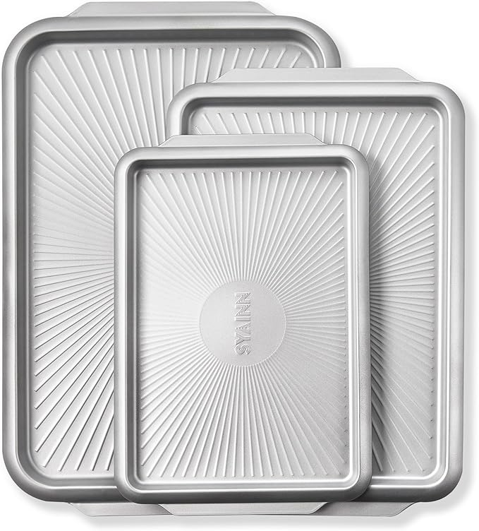 SYAINN Non-stick Ceramic Baking Sheet Set, Pack of 3 - Aluminum Steel Cookie Sheets for Baking - Includes Half/Quarter/Jelly Roll Pans - Warp Resistant, Toxic, PTFE & PFOA Free - Sliver