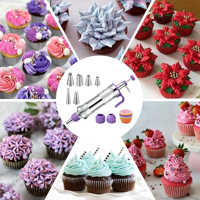 Dessert Decorating Syringe Set, Frosting Piping Kit Cake Decorating Tool, 6 Stainless Steels Piping Tips, 2 Couplers, 9 Silicone Baking Cups, Cupcake Frosting Filling Injector Icing Piping Kit