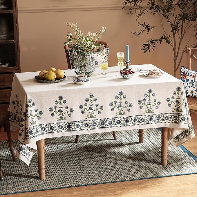 patdrea Designer Linen Vintage Blue Long Rectangle Tablecloth,Leaves Pattern Durable Floral Table Cloth,French Table Cover Cloth Decor for Kitchen Dining,Thanksgiving,Party,63"x102"-Ivar B