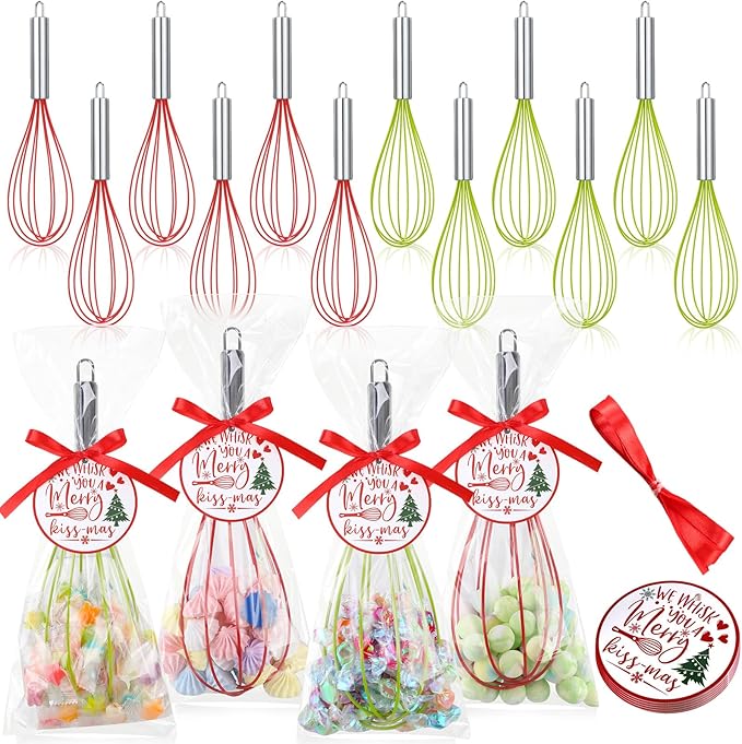 12 Sets 12 Inch Christmas Whisks Gifts DIY Fillable Christmas Tree Ornaments Xmas Colored Silicone Whisks for Cooking Heat Resistant Egg Beaters with Card Rope Bag for Candy Holder
