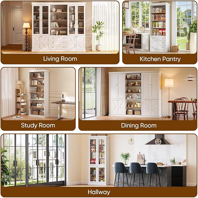 70.8" Tall Farmhouse Kitchen Pantry Cabinet with Doors, Modular Storage Cabinet with 4-Tier Adjustable Shelves, White, Wooden Hutch for Kitchen, Living Room, Set of 2
