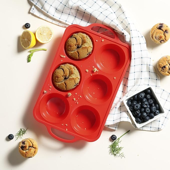 2 Packs 6 Cups Silicone Muffin Pan with Metal Reinforced Frame Jumbo Size Cupcake Pan Tray Egg Bites Cookie Molds Muffin Tin Tart Pans Moldes De Silicona Para Gelatina Hornear Flan Chocoflan