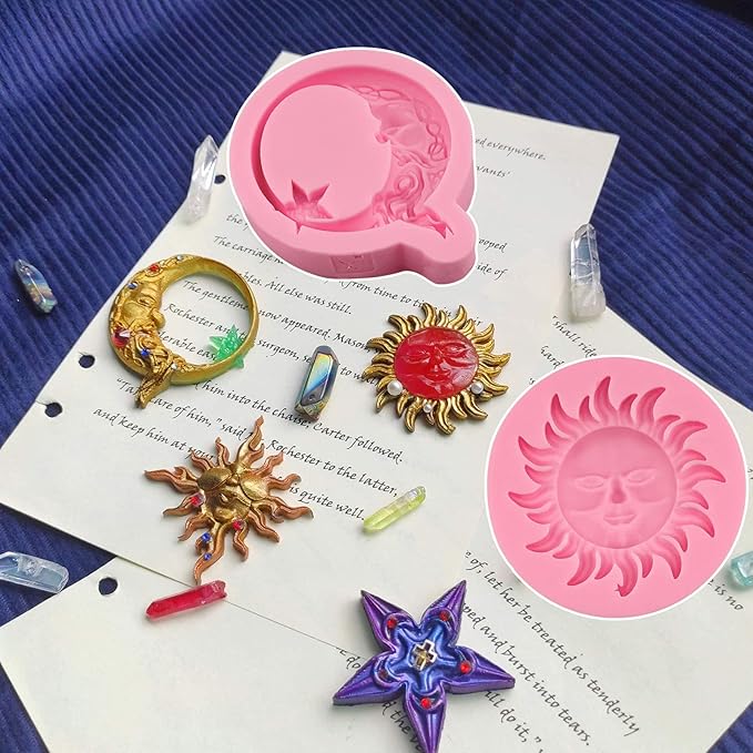 Greek Sun God Fondant Molds 4pcs, Moon Star Cake Decorating Silicone Molds, Chocolate Candy Clay Molds for Cupcake Toppers, Resin Crafts, Modeling Clay, Candles, Marzipan, Cookies, Dough, Flower Paste