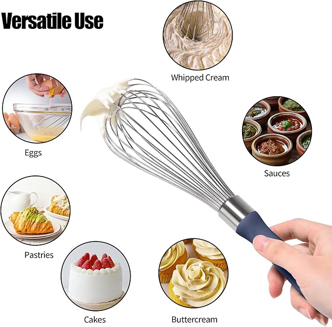 18/8 Stainless Steel Balloon Whisk, Doosu Kitchen Whisk for Cooking Handheld Egg Beater with Rust-Proof Sturdy Wires & Non-Slip Silicone Handle for Beating, Stirring, Blending (12 Wires, Navy Blue)