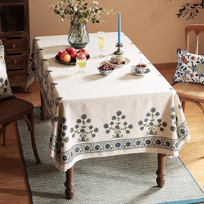 patdrea Designer Linen Vintage Blue Rectangle Tablecloth,Leaves Pattern Anti-Wrinkle Floral Extra Long Table Cloth,French Table Cover for Kitchen Dining,Thanksgiving,Party,63"x110"-Ivar B