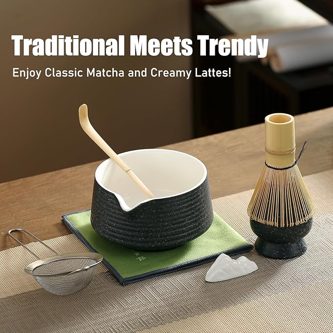 Matcha Whisk Set, Ceramic Matcha Set with Spout, Matcha Bowl Kit with Sifter, Whisk and Holder, Bamboo Scoop, Scoop Rest, Tea Towel, 7 Pcs Matcha Kit Set for Making Breakfast/Latte for Matcha Lovers