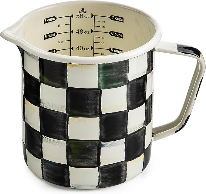 MACKENZIE-CHILDS Enamel 7-Cup Measuring Cup, Decorative Measuring Cup with Spout, Black-and-White Courtly Check