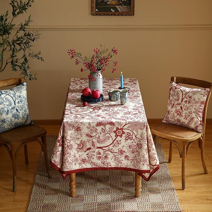ISAENNE Designer French Linen Long Rectangle Tablecloth,Red Floral Washable Indoor Table Cloth,Durable Home Decor Tablecloths for Dining Thanksgiving Kitchen Party Christmas,63"*94"-Ruyi A