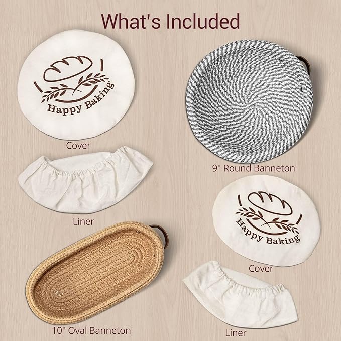 Banneton Bread Proofing Basket – Sourdough Starter Kit with 9" Round & 10" Oval Cotton Rope Baskets, Liners & Covers sourdough Bread Proofing Supplies, Baking Bread Bowl for Proofing