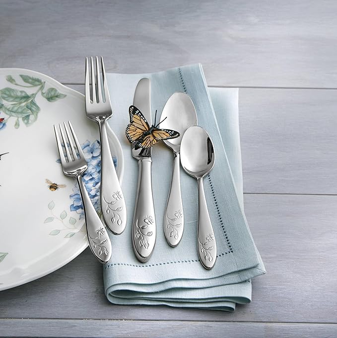 Lenox Silverware Set For 12, Butterfly Meadow 65-Piece Flatware Set, Service For 12, 18/10 Stainless Steel, Dishwasher Safe, Butterfly and Flower Motif, Includes Serving Utensils (Silver, 65 Piece)
