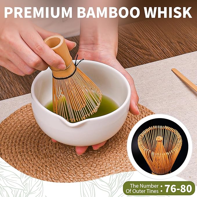 Matcha Whisk Set, 7 Pcs Matcha Kit with Matcha Bowl, Spout, Whisk and Holder, Bamboo Scoop and Stainless Steel Sifter, Japanese Matcha Set for Ceremony, Gift for Matcha Lover