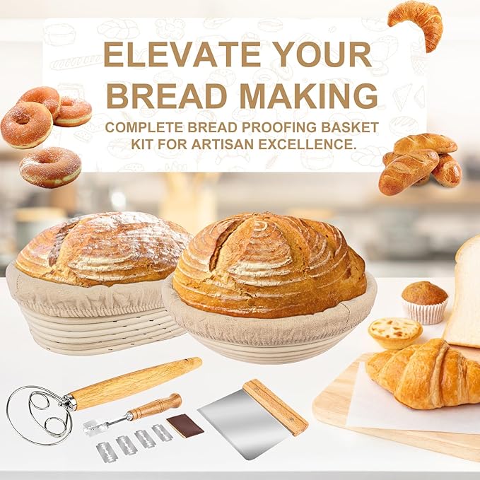 TNELTUEB Bread Proofing Basket Set, Incl 10'' Round & 9.6'' Oval Rattan Banneton, Dough Whisk, Scraper, Lame, Linen - Natural
