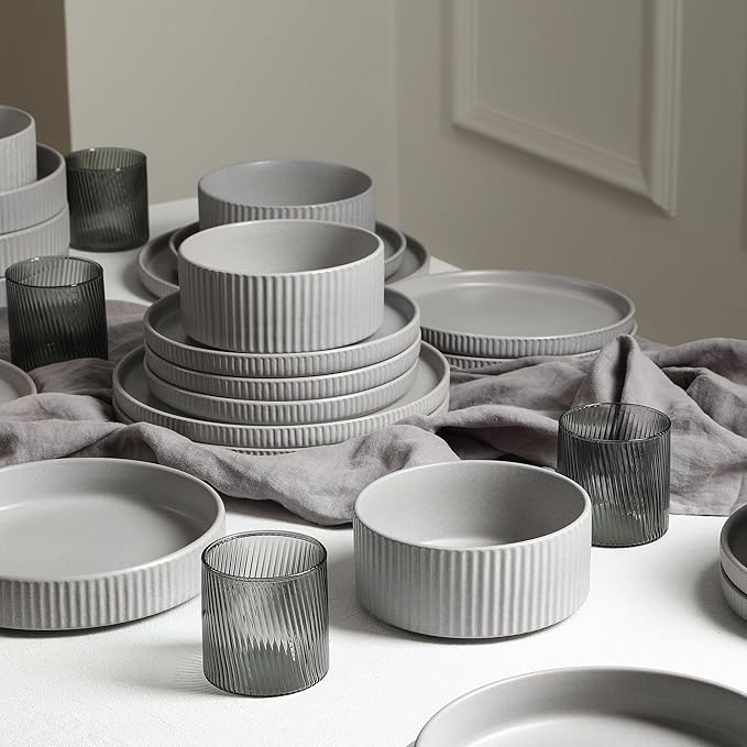 Stone Lain Haven Stoneware 16-Piece Dinnerware Set, Plates and Bowls Sets for 4, Grey Dish Set, Includes Dinner and Salad Plates, Cereal Bowls, Glassware, Microwave & Dishwasher Safe