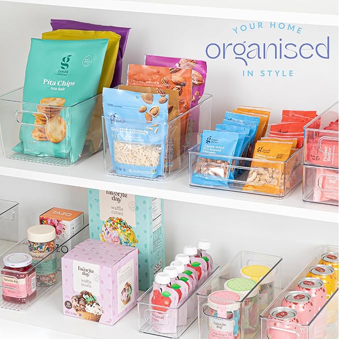 Plastic Food Storage 2 Pack Clear Container Bin with Handles for Organizing Kitchen, Pantry, Refrigerator, Freezer, Pantry, Cabinet, Closet, Bathroom. 10”x6”x5”