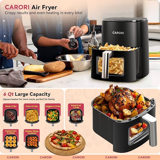 Air Fryer 12 Preset with Viewing Window, 6Qt Large Capacity, 400℉ Max Crisp, Airfryer, Bake, Roast, Dehydrate, Reheat, 1700W Quick Even Easy Meals, Nonstick Dishwasher Safe Basket