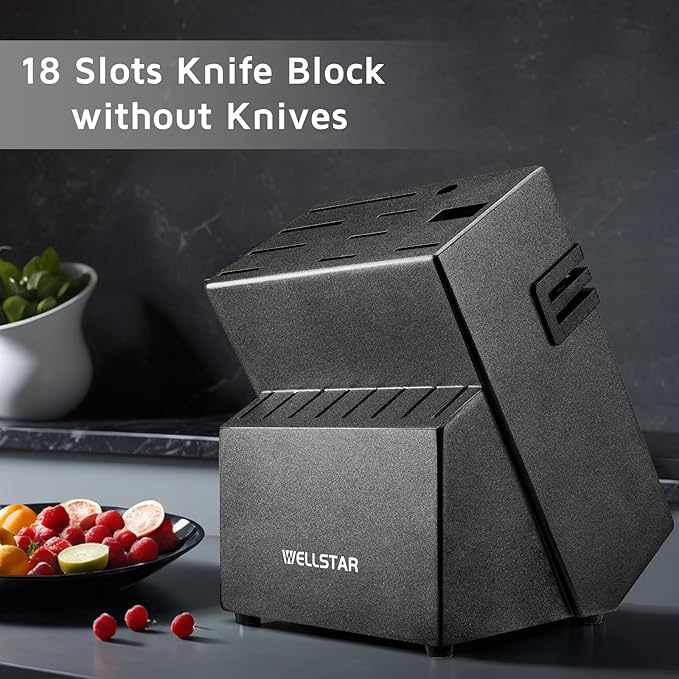 18-Slot Kitchen Knives Block, WELLSTAR Large Capacity Natural Wooden Knife Holder without Knives – Modern Hard Wood Counter-top Knife Storage with Built-in 2-Stage Knife Sharpener - Black