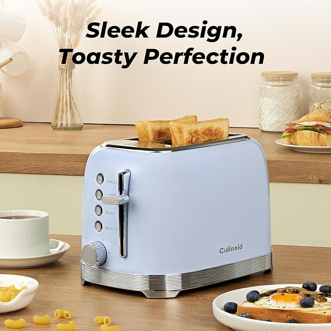Toaster 2 Slice Retro Stainless Steel with 1.5” Extra Wide Slots Bagel, Defrost, Reheat, Cancel Functions, 6 Bread Shade Settings, Removable Crumb Tray, Blue