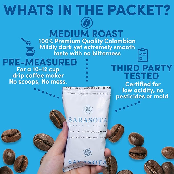 SARASOTA COFFEE & TEA CO. Packets, Pre Ground Coffee Packs, Premium 100Percent Colombian Medium Roast, Bulk Single Pot Bags for Drip Coffee Makers, (2 oz Bags, Pack of 36)