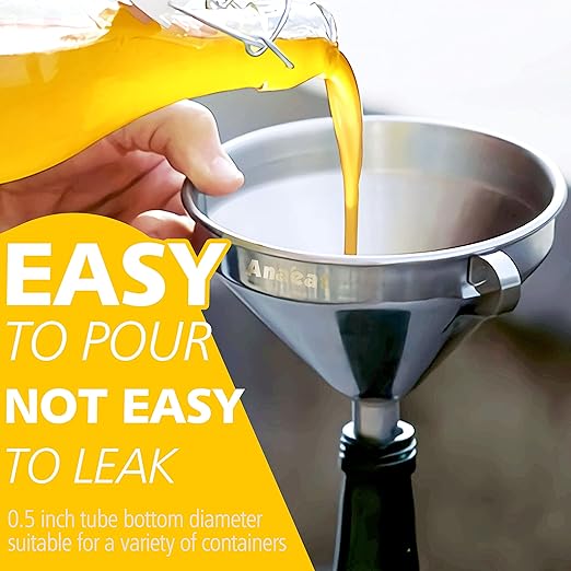 Anaeat Stainless Steel Kitchen Funnel, Multi-Use Premium Metal Food Grade Cooking Funnels with 2 Removable Strainer Filter for Transferring Liquid or Dry ingredients, Oils & 1 Pc Cleaning Brush (5.0")