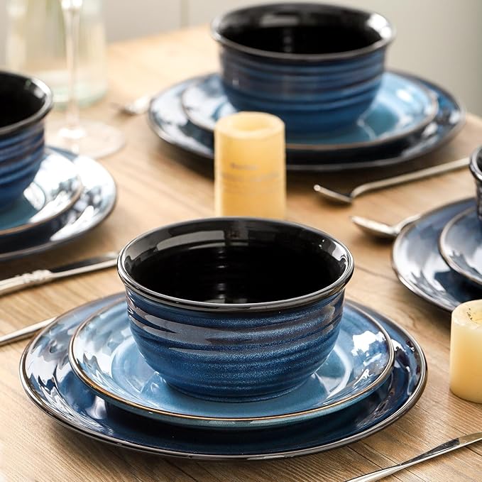 Hasense Plates and Bowls Set, 12 Pieces Ceramic Reactive Glaze Dinnerware Set of 4, Chip and Scratch Resistant Dinner Dishes Service, Handmade Serving Dish, Blue
