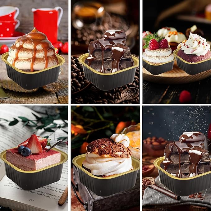 50 Pcs Mini Square Baking Cups with Lids,10oz Aluminum Foil Mini Cake Pans with Lids,Disposable Ramekins Cake Pans,300ml Dessert Cups Cupcake Pans for Wedding Birthday Party,Blackgold