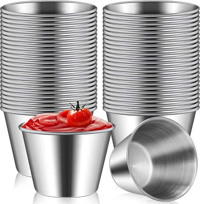 50 Pcs 2.5oz Metal Ramekins Stainless Steel Sauce Dipping Cups Ramekins Bulk Sauce Container Round Dipping Bowls Condiment Cup for Dish Butter Kitchen Restaurant Serving Party Dinner Cooking