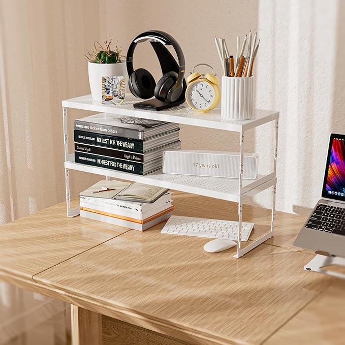 Stackable Expandable Metal Shelf Organizer - Adjustable Wire Storage Rack with Holes for Kitchen, Bathroom, Cabinet, Office - Space Saving, Durable & Sturdy Design（3PACKS/Large/White