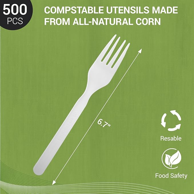 Compostable Froks - 500Pcs Heavy Duty Forks Disposable Utensils, BPA-Free, Heat Resistant, Eco Friendly Disposable Forks Bulk, BPI Certified Disposable Cutlery for Party, Office & Picnic