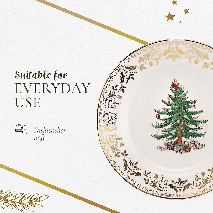 Spode Christmas Tree Gold 4-Piece Holiday Dinnerware Set - Fine Earthenware Tableware with 22K Gold Accents - Dinner Plate, Salad Plate, Teacup & Saucer - Festive Christmas Tableware, Dishwasher Safe