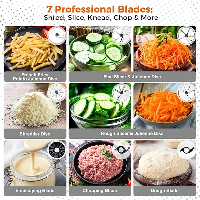 Homtone 16 Cup Food Processor Large, 9 Functions 7 Blades 3 Speeds for Shredding, Slicing, Making French Fries, Chopping Meat, Kneading Dough & Emulsifying, 600W, Red
