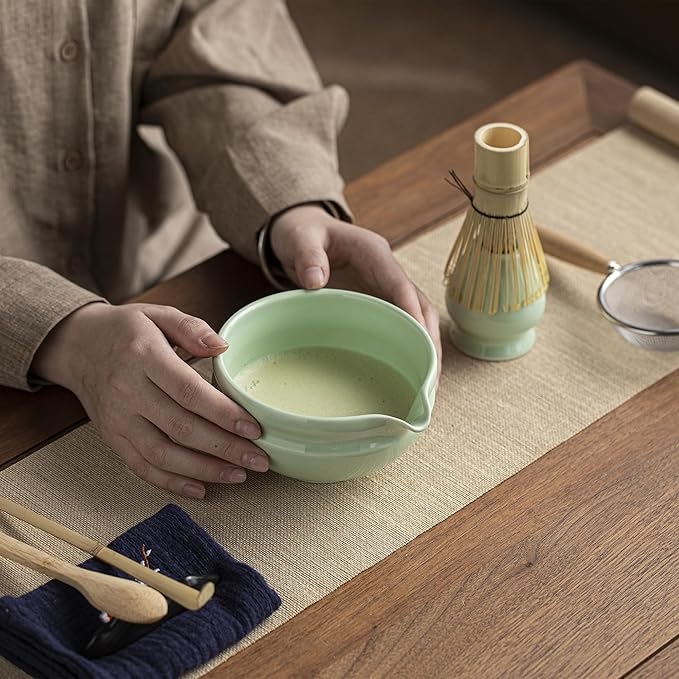 Matcha Whisk Set – 8 Pcs Matcha Set with Ceramic Bowl with Spout, Bamboo Whisk, Holder, Scoop, Sifter, and Tea Towel – Complete Japanese Matcha Kit for Ceremony and Gift