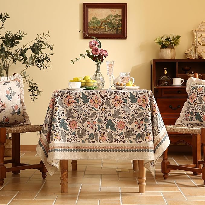 ISAENNE Designer Boho Floral Square Tablecloth,Linen Lotus Flower Pattern Colorful Indoor Table Cloth,Durable Decor Tablecloths for Dining Thanksgiving Kitchen Christmas,67"*67"-Hazel A