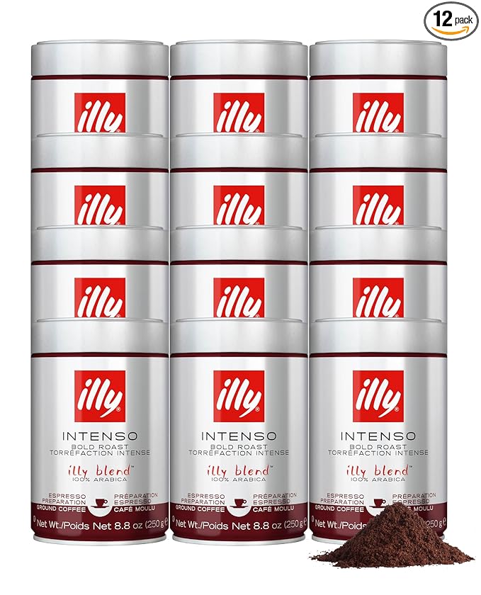 Illy Ground Espresso Coffee, Intenso Bold Roast - Bold & Flavorful - 100% Arabica - Pre-Ground for Espresso - Pressurized Packaging Sealed for Freshness - 8.8oz - (Pack of 12)