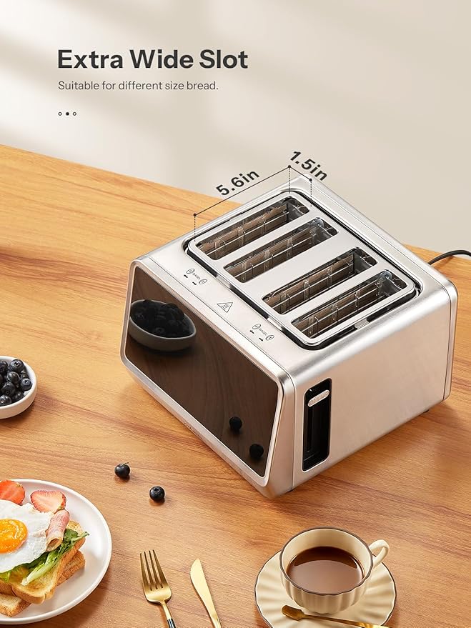 Yabano 4-Slice Toaster with Smart Touch Control, 6 Shade Levels & 6 Bread Settings, Extra Wide Slot for Bagels/English Muffins, Compact Design with Removable Crumb Tray