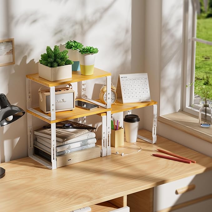 Kitchen Cabinet Organization Shelf，Set of 2 Height Adjustable Storage Racks，Stackable，Expandable，Countertop Shelves Organizer，Pantry Shelving（2PACKS/Medium/White