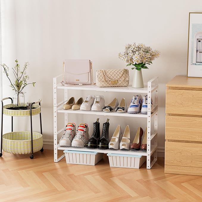 Expandable Stackable Aadjustable Shoe Rack Pantry Shelf for Kitchen Cabinets Counter Shelves Countertop Cupboard Storage Solution,Sturdy Heavy-Duty Metal Construction(2Packs/White/Medium)
