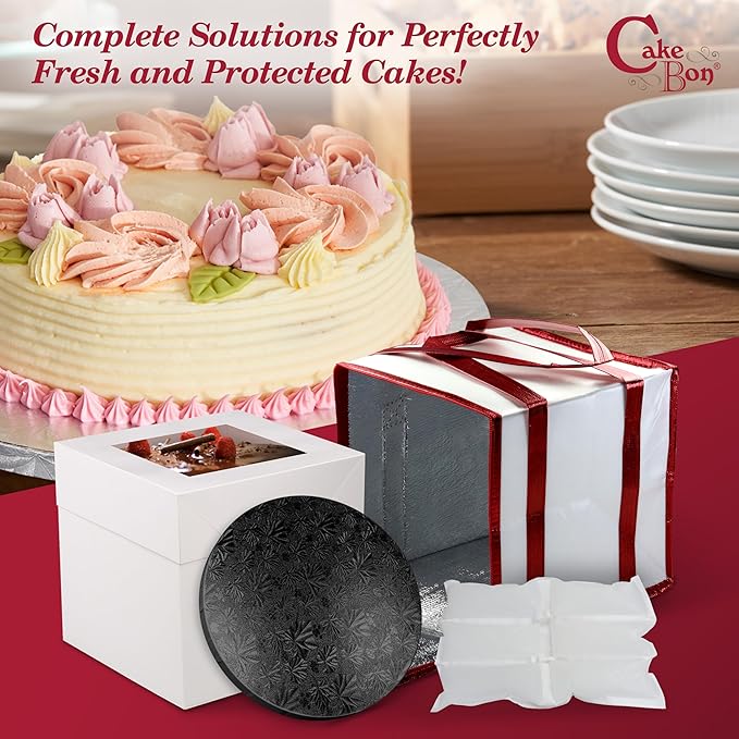 Cakebon Cake Box and Boards, 8-Inch Round Black Wrapped Edges 1/2- Inch Thick Drums with Insulated Bag and Ice Pack – Cake Transport Set, Cooler for Cake Delivery and Transport (1pc Each, 4pcs Total)