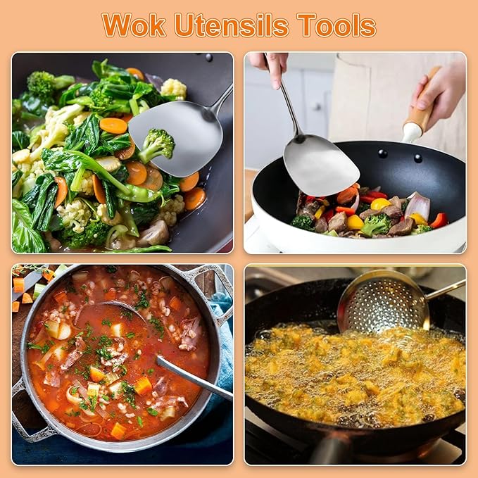 FJNATINH 304 Stainless Steel Kitchen Utensil Sets-6 PCS Wok Spatula Sets Cooking Utensil Tools Spatula, Soup Ladle, Skimmer, Slotted Spatulas Tunner, Spaghetti Spoon