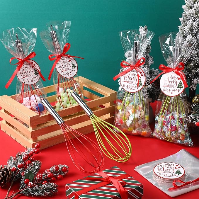 12 Sets 12 Inch Christmas Whisks Gifts DIY Fillable Christmas Tree Ornaments Xmas Colored Silicone Whisks for Cooking Heat Resistant Egg Beaters with Card Rope Bag for Candy Holder