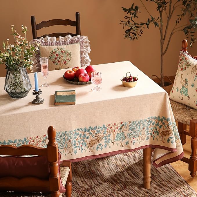 patdrea Designer French Beige Long Tablecloth for Rectangle Table,Vintage Breathable Linen Trees Pattern Table Cloth,Decor Cover for Kitchen Dining Christmas,Thanksgiving,63"x94"-Tatiana D