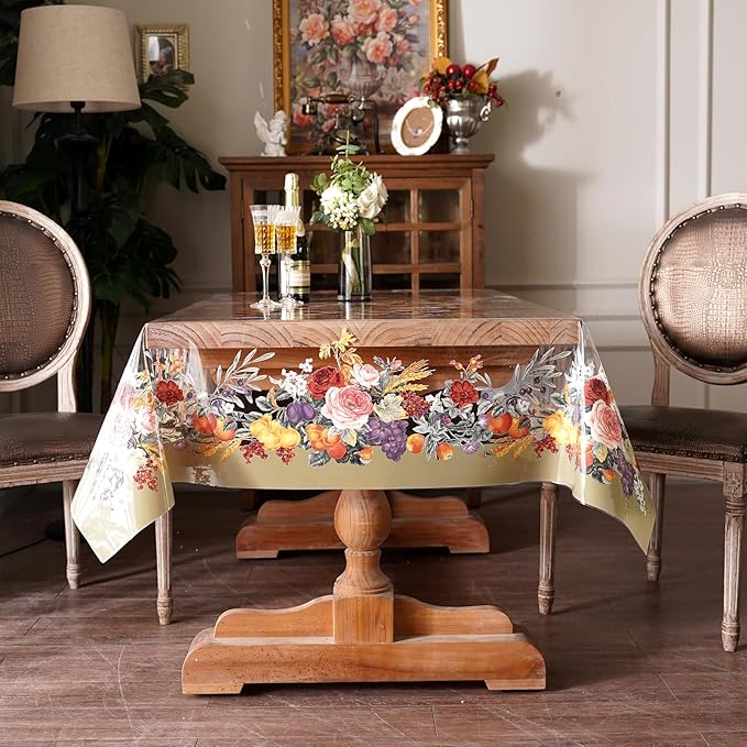 Clear Table Cover Protector Vinyl PVC Rectangle Table Cloth with Floral Fruit Pattern Oil Spill Proof Plastic Tablecloths for Dining Tables Parties Holidays (Floral Fruit, 55 x 104 Inches)