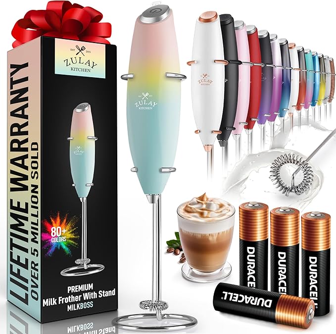 Zulay Kitchen Powerful Milk Frother Wand With 4 AA Duracell Batteries - Ultra Fast Handheld Drink Mixer - Electric Whisk Foam Maker for Coffee, Lattes, Cappuccino, Matcha & Creamer
