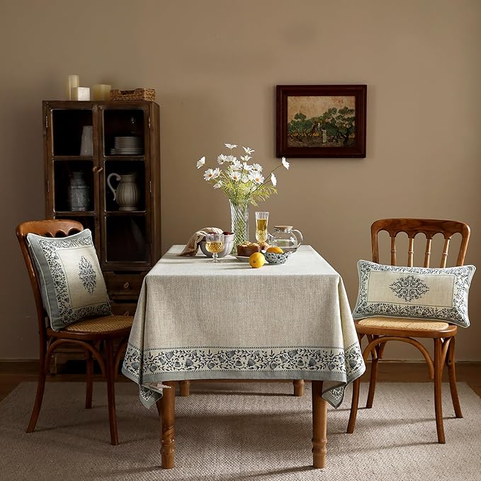 ISAENNE Designer Vintage Linen Elegant Square Table Cloth,Chinoiserie Floral Tablecloth,Wrinkle Resistant Decor Table Cover for Dining Thanksgiving Kitchen Christmas,67"*67"-Segerman B