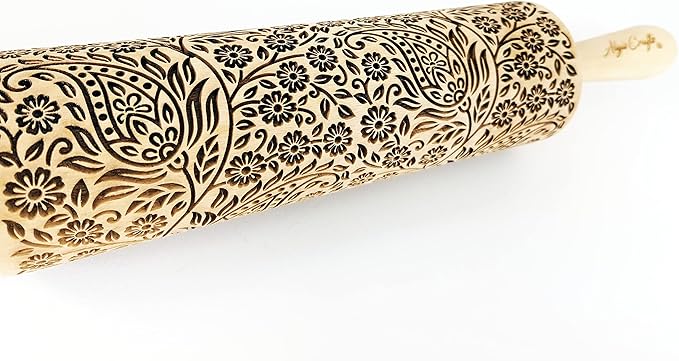 KASHMIR pattern Embossed Rolling Pin. Engraved Dough Roller with Paisley for Embossed Cookies and Pottery by Algis Crafts
